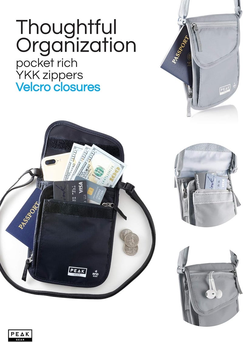 Peak Gear محفظة عنق RFID - الحقيبة الأصلية للسفر مع حزام كتف قابل للتعديل + حماية من السرقة وخدمة المفقودات | رمادي - Image 4